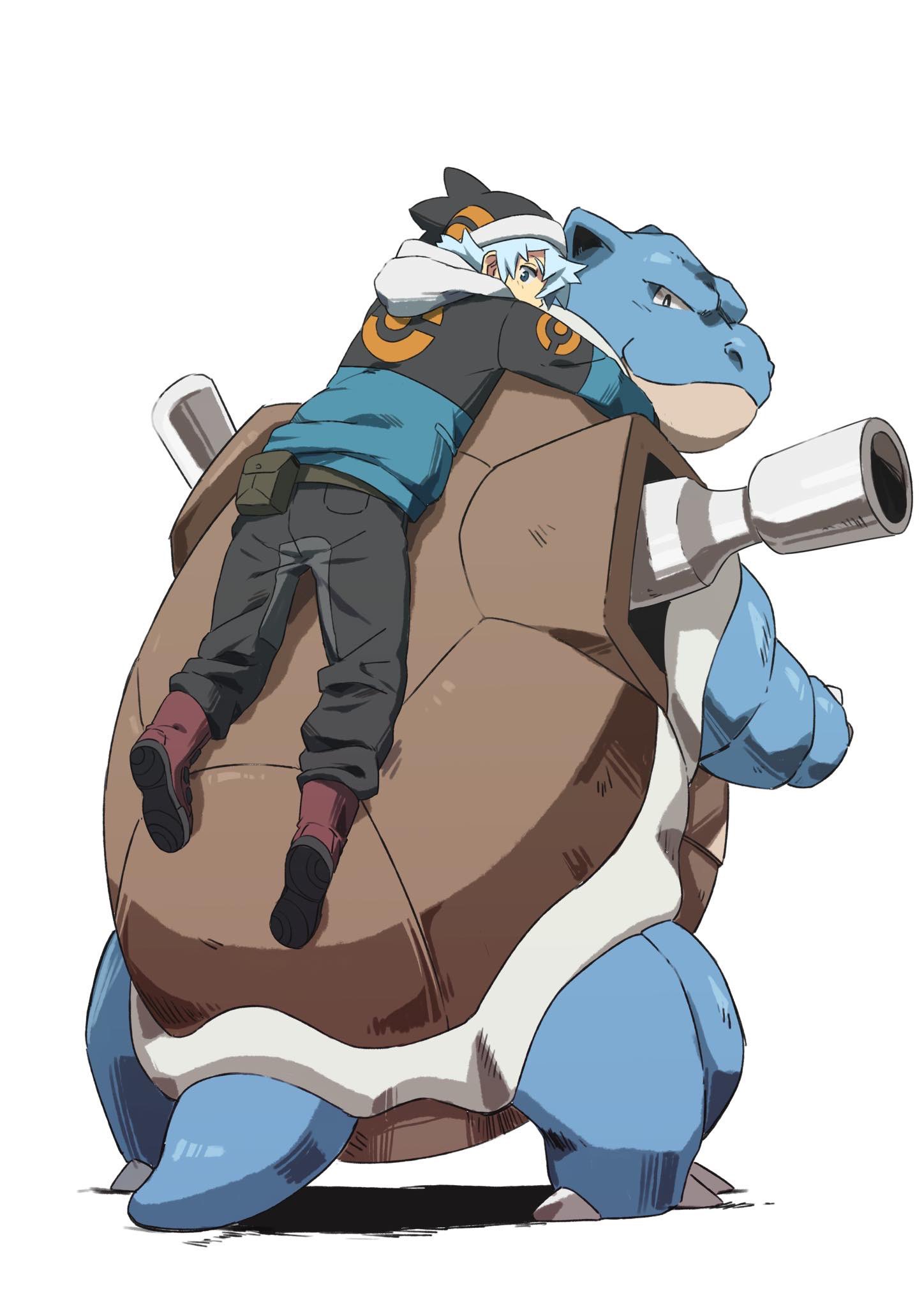 1boy bag bangs beanie blastoise blue_hair boots commentary danzzila_(medanzzila) gen_1_pokemon grey_pants hat highres hood hood_down hooded_jacket jacket long_sleeves looking_back male_focus pants pokemon pokemon_(creature) red_footwear riding riding_pokemon short_hair simple_background white_background