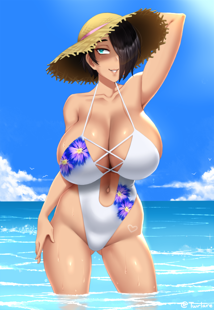 1girl arm_behind_head bikini blue_eyes blue_sky breasts clouds commentary english_commentary floral_print flower hand_on_hip hat huge_breasts ocean one-piece_swimsuit original saya_(twrlare) sky solo submerged summer sun_hat swimsuit thighs twrlare