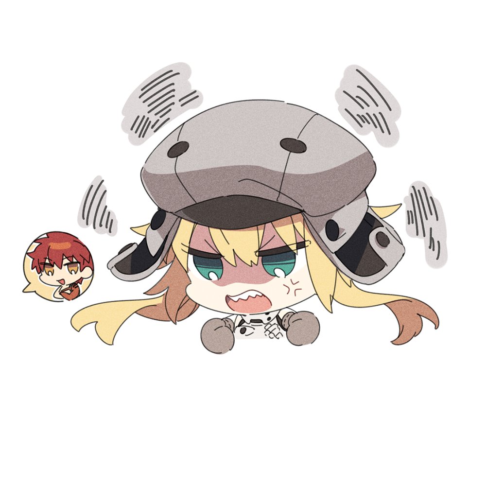 1boy 1girl agata720 anger_vein angry artoria_pendragon_(all) artoria_pendragon_(caster)_(fate) bangs blonde_hair chibi cropped_torso fate/grand_order fate_(series) green_eyes grey_headwear hat open_mouth redhead sengo_muramasa_(fate) shaded_face sharp_teeth simple_background spoken_character teeth v-shaped_eyebrows white_background yellow_eyes