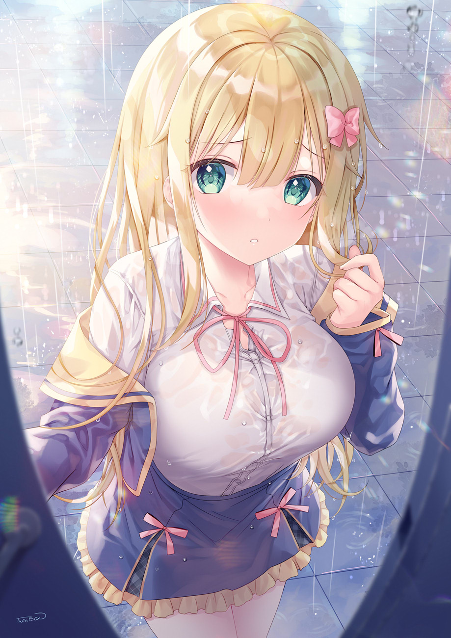 1girl bangs blonde_hair blue_jacket blue_skirt blurry blurry_foreground blush bow collared_shirt commentary_request cowboy_shot dress_shirt eyebrows_visible_through_hair frilled_skirt frills green_eyes hair_bow highres inagaki_minami jacket leaning_forward long_hair long_sleeves looking_at_viewer neck_ribbon off_shoulder original parted_lips pink_bow pink_ribbon rain ribbon shirt signature skirt solo sousouman standing wet wet_clothes wet_shirt