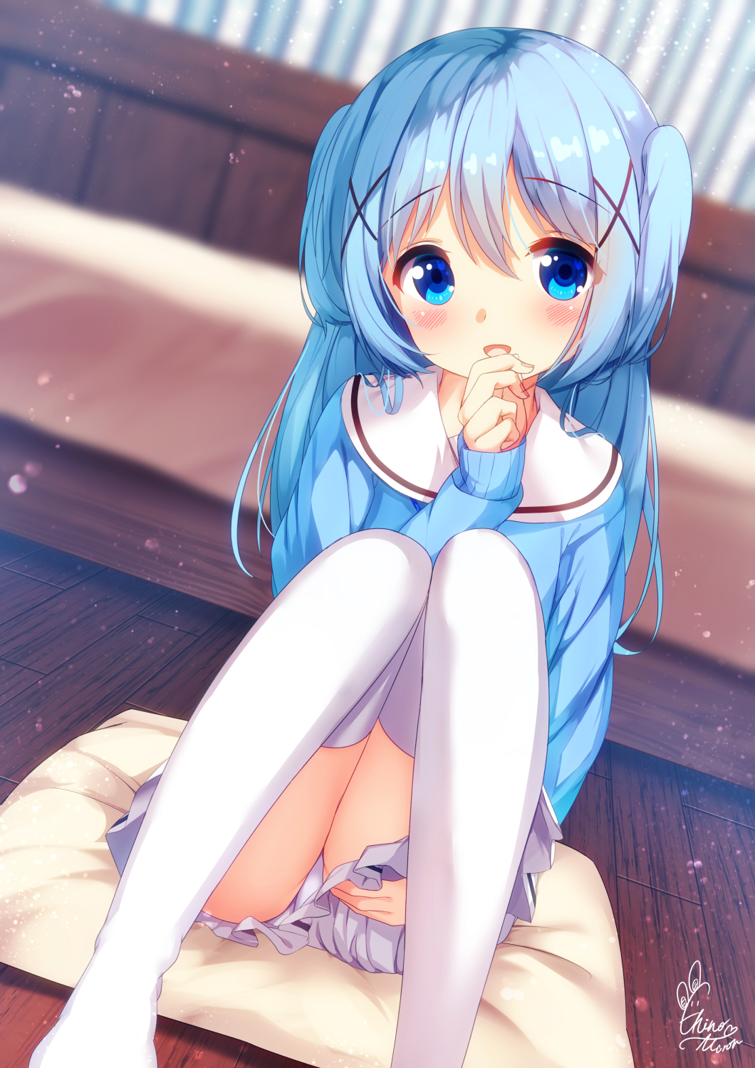 1girl :d bangs bed blue_eyes blue_hair blue_shirt blurry blurry_background blush chinomaron commentary_request covering covering_crotch cushion depth_of_field dutch_angle eyebrows_visible_through_hair feet_out_of_frame gochuumon_wa_usagi_desu_ka? hair_between_eyes hair_ornament hand_up highres kafuu_chino long_hair long_sleeves looking_at_viewer open_mouth panties pleated_skirt sailor_collar school_uniform serafuku shirt signature sitting skirt sleeves_past_wrists smile solo thigh-highs two_side_up underwear very_long_hair white_legwear white_panties white_sailor_collar white_skirt wooden_floor x_hair_ornament zabuton