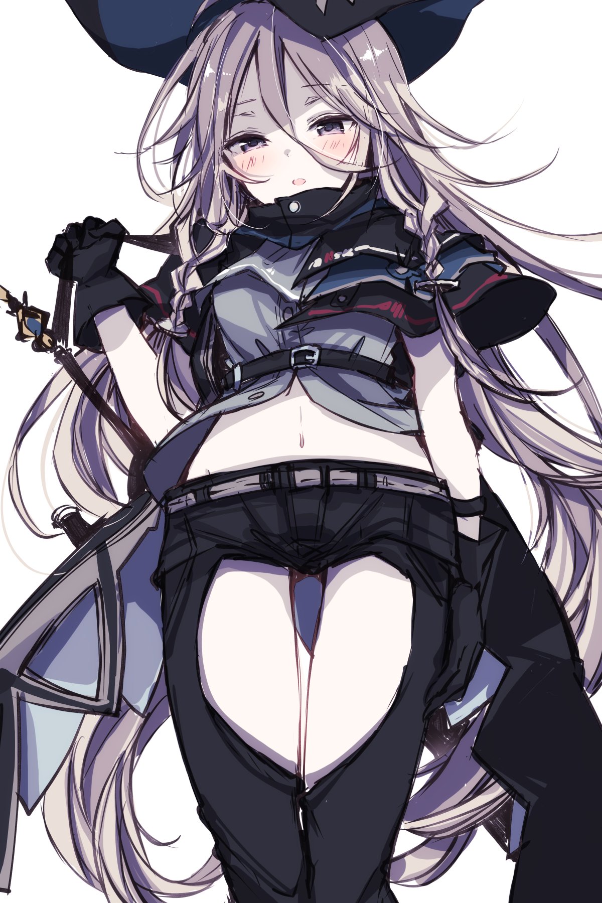 1girl :o alternate_eye_color arknights ascot belt black_belt black_capelet black_cloak black_gloves black_headwear black_pants breasts capelet cloak clothing_cutout commentary_request cowboy_shot gloves grey_neckwear grey_shirt hair_between_eyes hat highres long_hair looking_at_viewer low-tied_long_hair medium_breasts midriff navel open_mouth pants shirt silver_hair simple_background skadi_(arknights) solo sotsunaku strap sword sword_behind_back thigh_cutout thighs very_long_hair violet_eyes weapon white_background