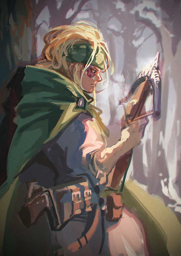 1girl bangs_pinned_back blonde_hair crossbow forest garmmy green_headwear hild_(vinland_saga) holding holding_weapon nature viking vinland_saga weapon