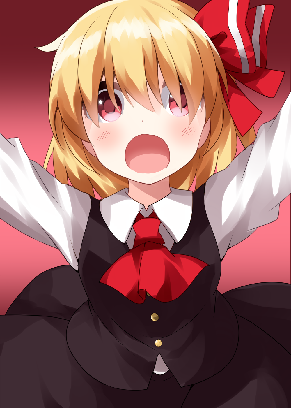 1girl arms_up bangs black_skirt black_vest blonde_hair collar eyebrows_visible_through_hair eyes_visible_through_hair hair_between_eyes hair_ribbon hands_up highres long_sleeves looking_at_viewer open_mouth red_background red_eyes red_neckwear red_ribbon ribbon rumia ruu_(tksymkw) shirt short_hair skirt solo touhou vest white_collar white_shirt white_sleeves