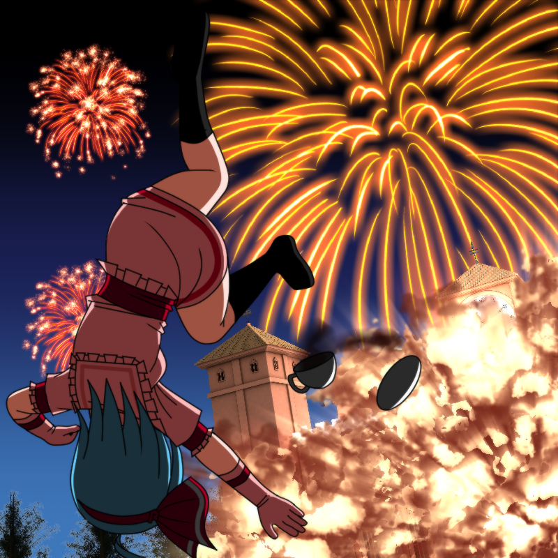 1girl arm_up belt black_legwear blue_hair clock clock_tower collared_shirt commentary commentary_request cross cup dish elbow_gloves explosion fireworks frilled_shirt_collar frilled_sleeves frills from_behind full_body gloves hair_ribbon hand_up leg_up miniskirt night no_headwear no_shoes outdoors puffy_short_sleeves puffy_sleeves red_belt red_ribbon remilia_scarlet ribbon scarlet_devil_mansion shirt short_hair short_sleeves skirt solo teacup the_embodiment_of_scarlet_devil thigh-highs touhou tower tree user_fnsw5238 white_gloves window zettai_ryouiki