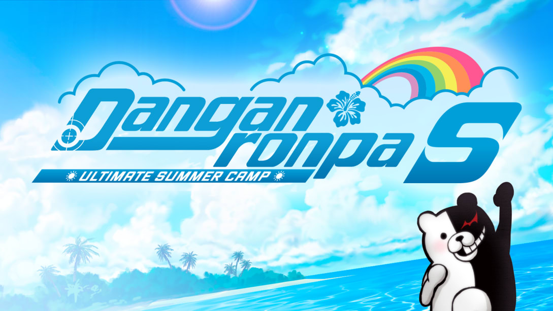 arm_up beach blue_sky clouds cloudy_sky copyright_name dangan_ronpa_(series) dangan_ronpa_s:_ultimate_summer_camp dutch_angle floral_print island looking_at_viewer monokuma ocean official_art outdoors palm_tree rainbow sky sun sunlight tree water