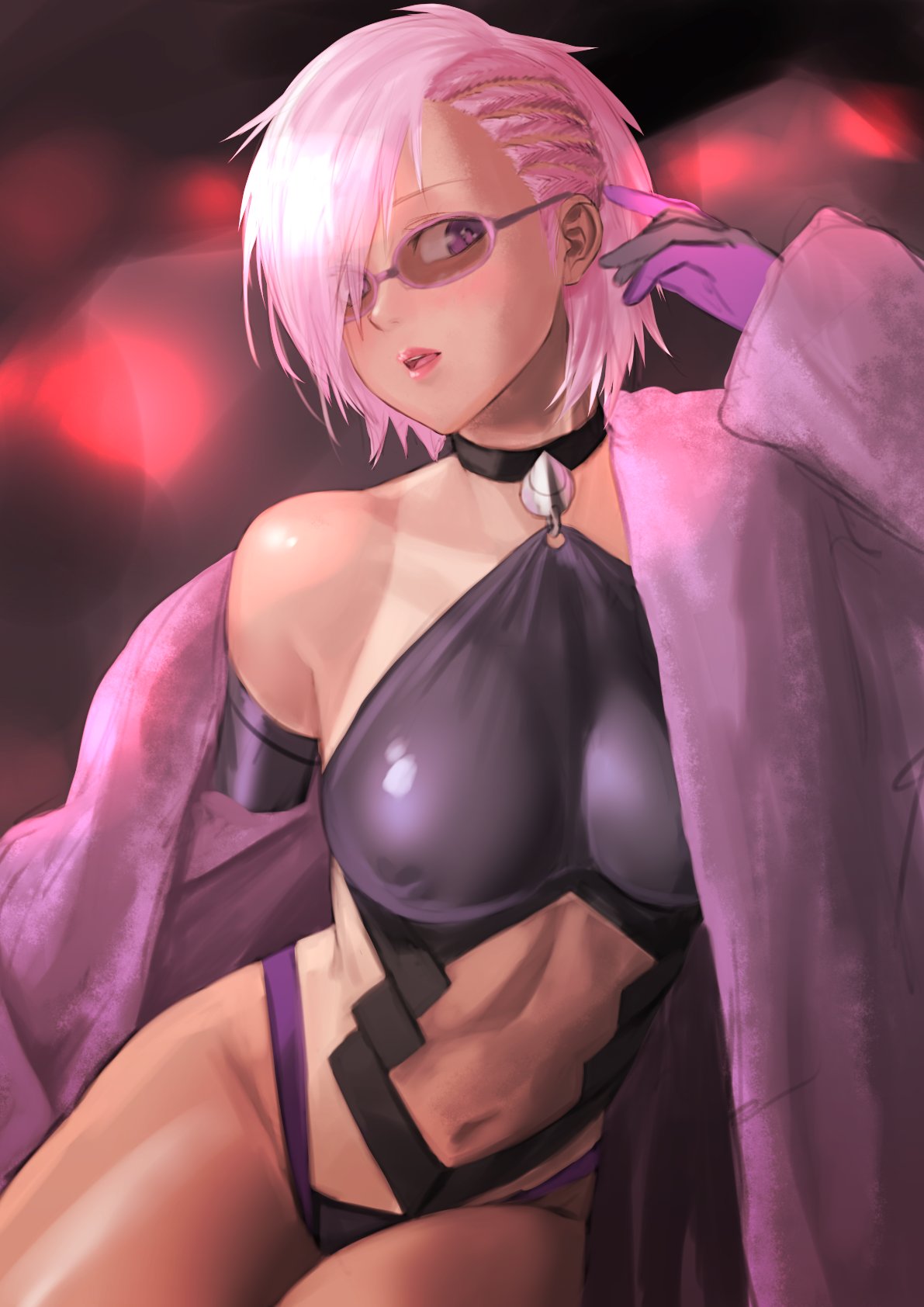 1girl breasts elbow_gloves fate/grand_order fate_(series) glasses gloves hair_over_one_eye highres kirie_kairi leotard looking_at_viewer mash_kyrielight navel open_mouth pink_hair short_hair solo sunglasses violet_eyes