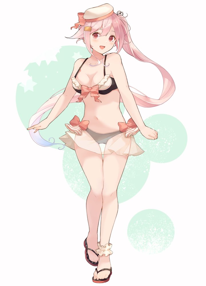 1girl :d bare_arms bare_legs barefoot bikini black_bikini black_ribbon blush collarbone hair_between_eyes hair_ornament hair_ribbon hairclip harusame_(kancolle) hat kantai_collection long_hair navel open_mouth pink_eyes pink_hair ribbon sandals shakemi_(sake_mgmgmg) side_ponytail smile solo swimsuit white_headwear