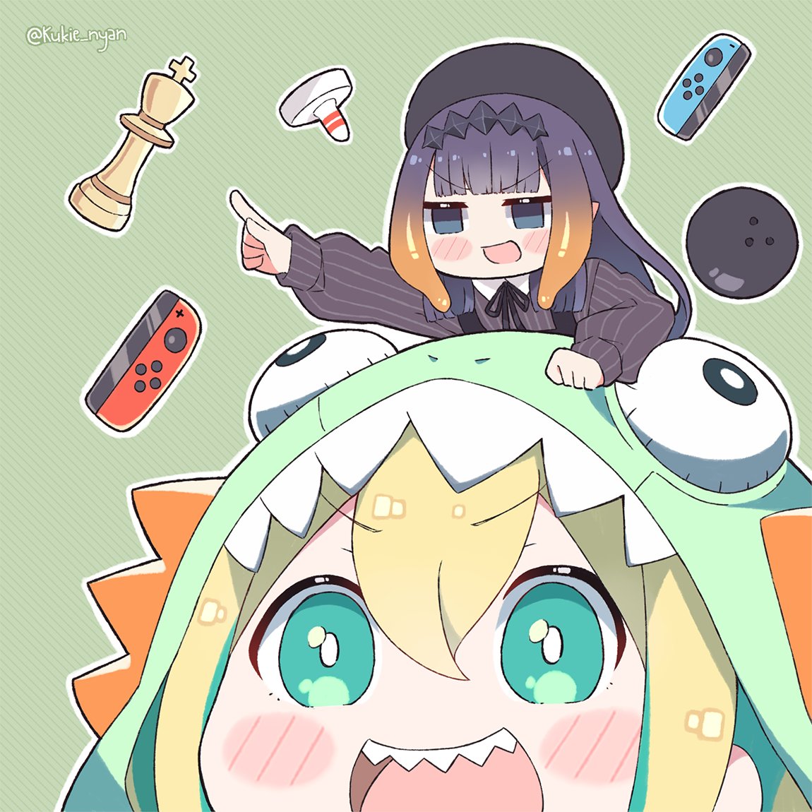 2girls air_hockey_mallet amano_pikamee ball bangs blonde_hair blue_eyes blush blush_stickers bowling_ball carrying chess_piece commentary dinosaur_hood eyebrows_visible_through_hair green_eyes green_hair hat hololive joy-con kukie-nyan long_hair multicolored_hair multiple_girls ninomae_ina'nis open_mouth piggyback pointing pointy_ears purple_hair sharp_teeth simple_background smile striped striped_background teeth tentacle_hair twitter_username two-tone_hair virtual_youtuber voms