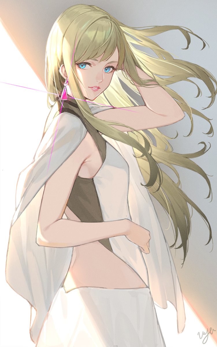 1girl bangs blonde_hair blue_eyes breasts capelet dress earrings floating_hair gigi_andalusia gundam gundam_hathaway's_flash hair_behind_ear hand_on_own_stomach highres jewelry long_hair parted_lips shirousagi_uyu signature small_breasts smile solo triangle_earrings white_capelet white_dress