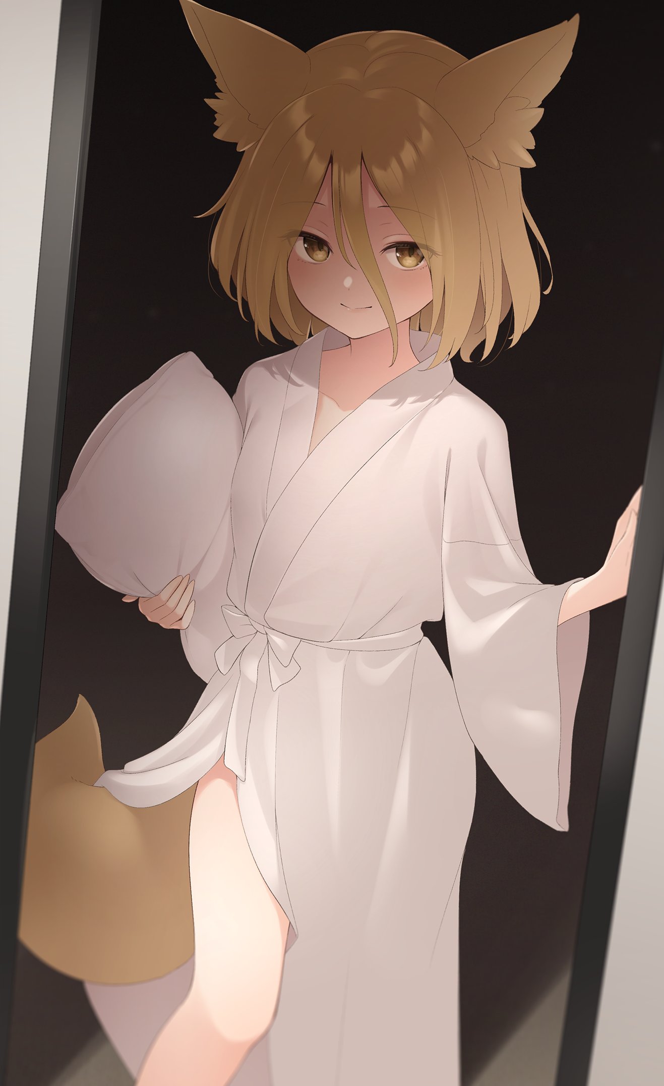 1girl animal_ear_fluff animal_ears blonde_hair blush breasts commentary_request doorway dutch_angle feet_out_of_frame fox_ears fox_tail hair_between_eyes highres holding holding_pillow kanpa_(campagne_9) kudamaki_tsukasa pillow robe short_hair simple_background small_breasts smile solo tail touhou yellow_eyes