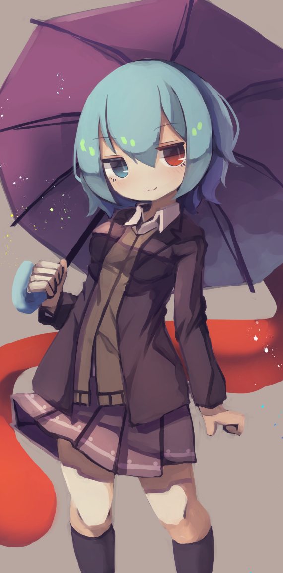 1girl alternate_costume bangs black_jacket black_legwear blue_eyes blue_hair chii_(tsumami_tsumamare) closed_mouth collared_shirt commentary_request commission eyebrows_visible_through_hair grey_background heterochromia holding holding_umbrella jacket karakasa_obake kneehighs long_sleeves looking_at_viewer pink_skirt pleated_skirt purple_umbrella red_eyes shirt short_hair simple_background skeb_commission skirt smile standing tatara_kogasa tongue touhou umbrella