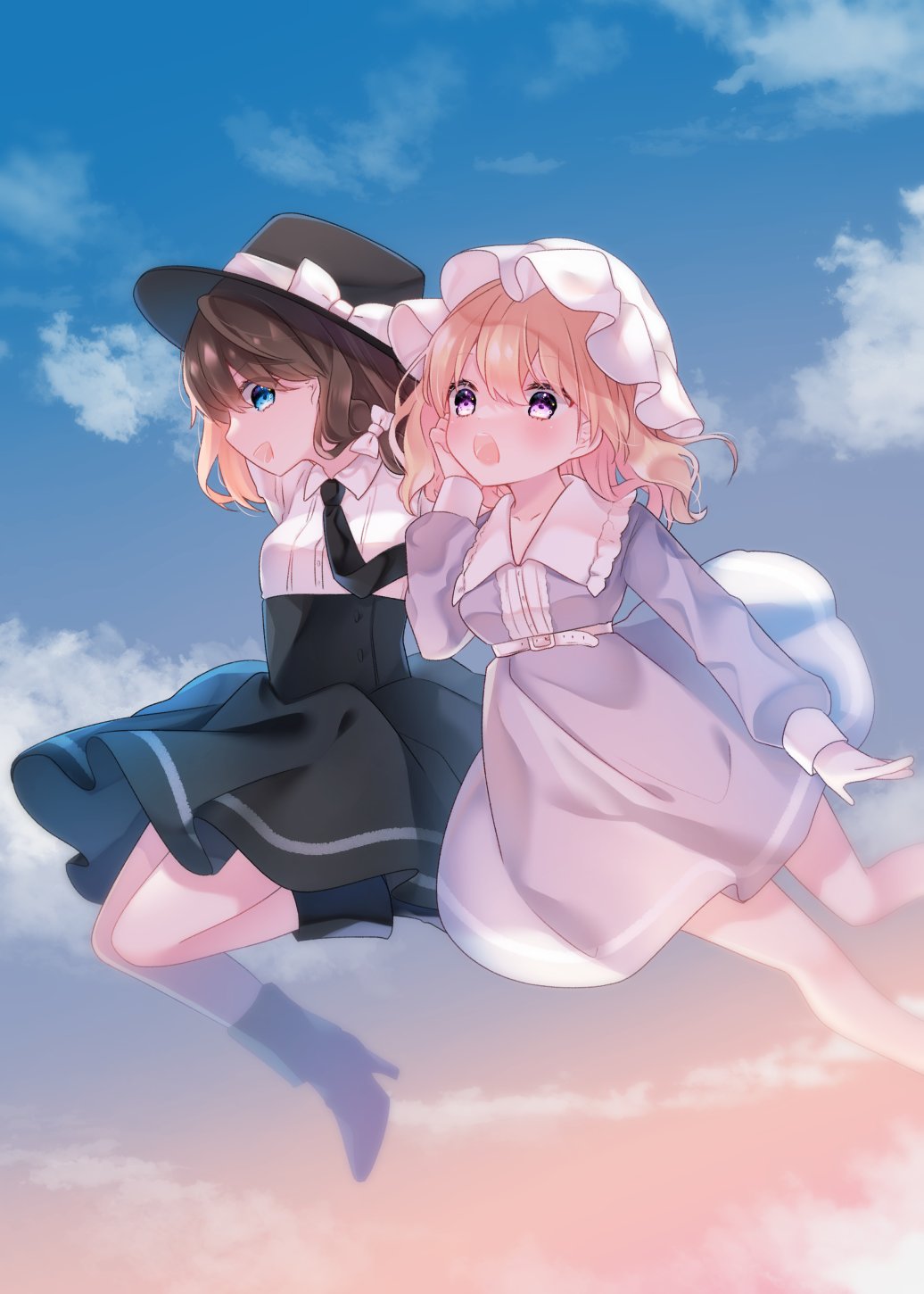 2girls :d :o black_dress blonde_hair blue_eyes blurry blush breasts brown_hair cacao_(cacaomgmg) clouds cloudy_sky day depth_of_field dress fedora feet_out_of_frame floating full_body hat highres maribel_hearn mob_cap multiple_girls open_mouth outdoors profile purple_dress sky small_breasts smile touhou usami_renko violet_eyes