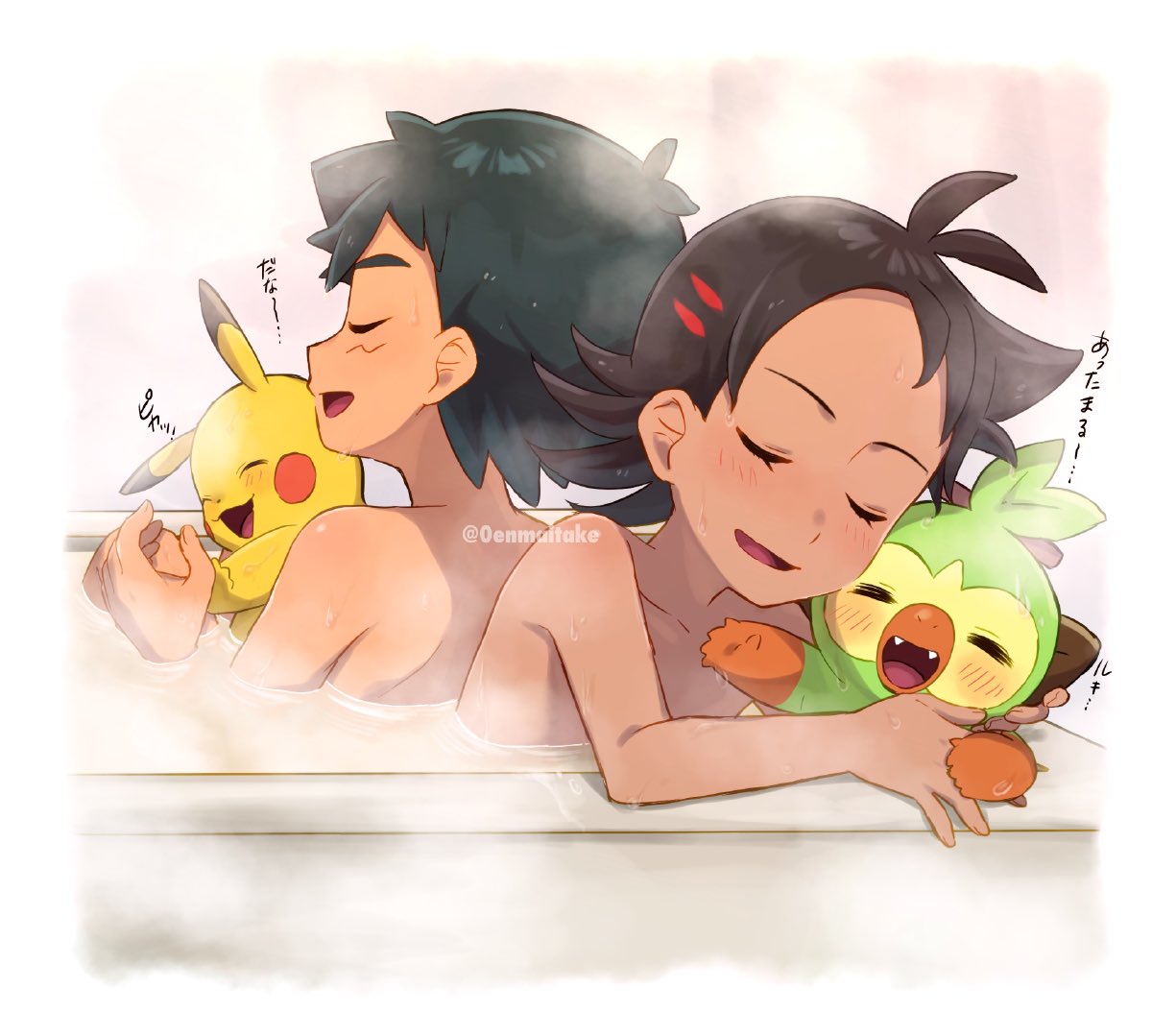 2boys antenna_hair ash_ketchum back-to-back bangs bath bathing bathtub blush brown_hair closed_eyes commentary_request eyelashes gen_1_pokemon gen_8_pokemon goh_(pokemon) grookey holding holding_pokemon male_focus multiple_boys nude open_mouth pikachu pokemon pokemon_(anime) pokemon_(creature) pokemon_swsh_(anime) shared_bathing shiny shiny_skin short_hair smile starter_pokemon steam tongue twitter_username water watermark ze_(0enmaitake)