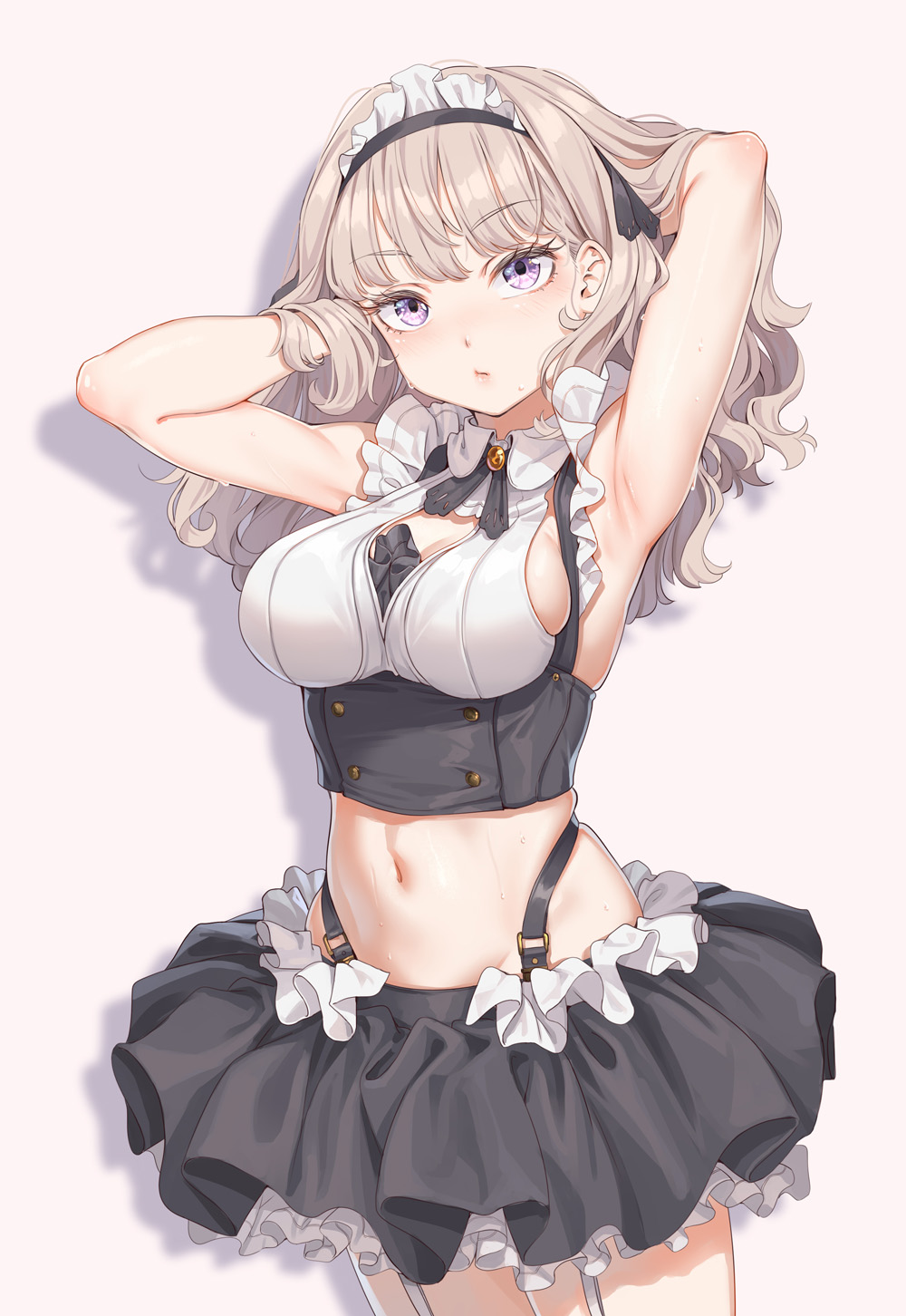 1girl armpits arms_behind_head arms_up bare_arms bare_shoulders black_skirt breasts cleavage_cutout closed_mouth clothing_cutout collared_shirt cowboy_shot crop_top fangxiang_cuoluan frilled_shirt frills garter_straps hands_in_hair highleg highres large_breasts long_hair looking_at_viewer maid maid_headdress midriff miniskirt navel neck_ribbon original ribbon shirt silver_hair skindentation skirt sleeveless sleeveless_shirt solo stomach sweatdrop underbust violet_eyes white_shirt