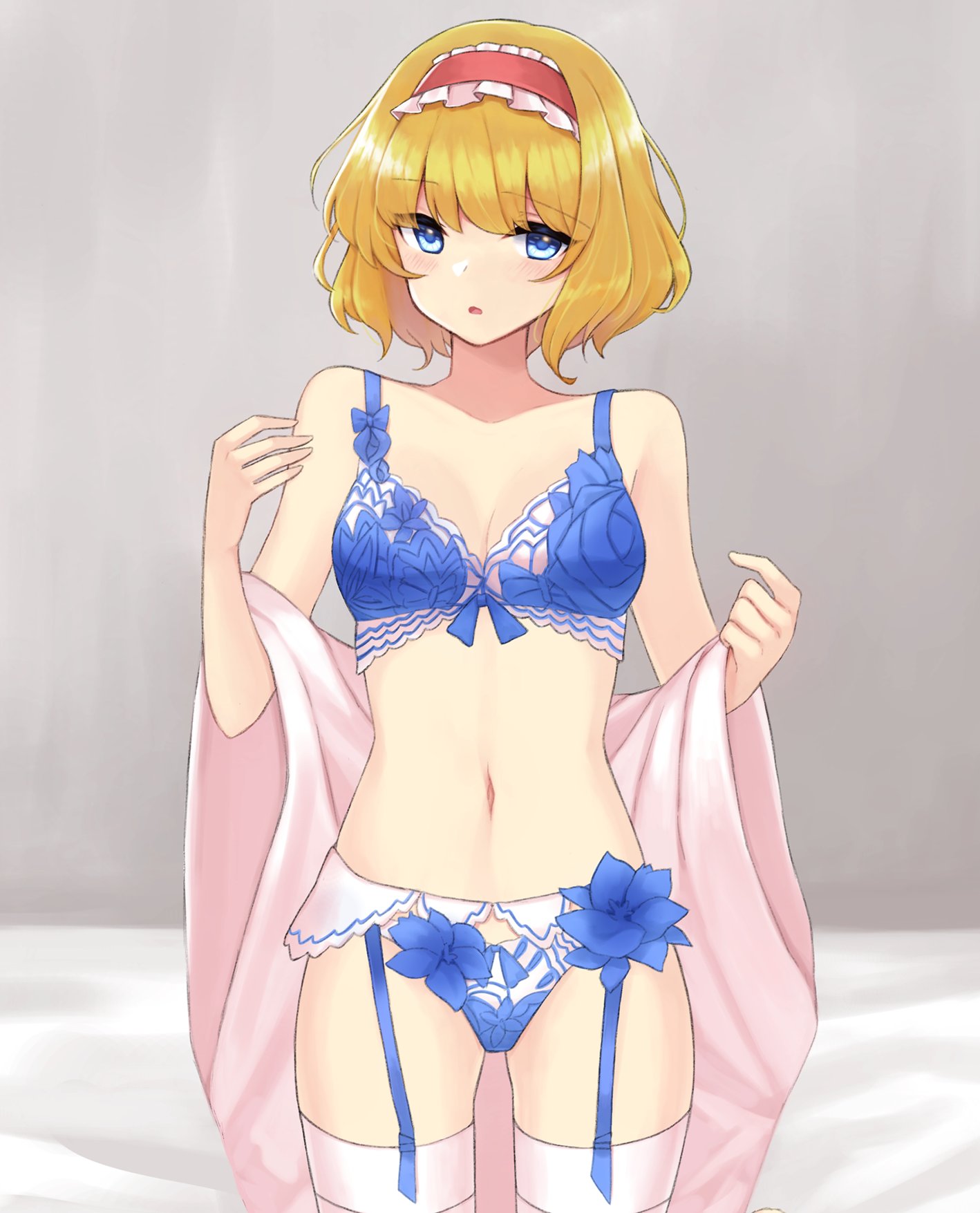 1girl alice_margatroid blonde_hair blue_bra blue_eyes blue_panties bow bra flower garter_belt garter_straps hairband highres lace-trimmed_bra lace-trimmed_panties lace_trim lingerie lolita_hairband panties red_hairband short_hair thigh-highs touhou twelve_(thirteen110) underwear