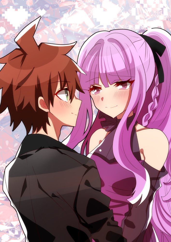 1boy 1girl ahoge bangs bare_shoulders black_jacket black_ribbon blunt_bangs blush braid breasts brown_eyes brown_hair closed_mouth commentary_request dangan_ronpa:_trigger_happy_havoc dangan_ronpa_(series) dangan_ronpa_10th_anniversary_costume detached_sleeves eye_contact eyebrows_visible_through_hair green_eyes hair_ribbon hanabishi heart jacket kirigiri_kyouko long_hair looking_at_another medium_breasts multicolored multicolored_background naegi_makoto official_alternate_costume pink_hair purple_hair ribbon side_braid smile violet_eyes