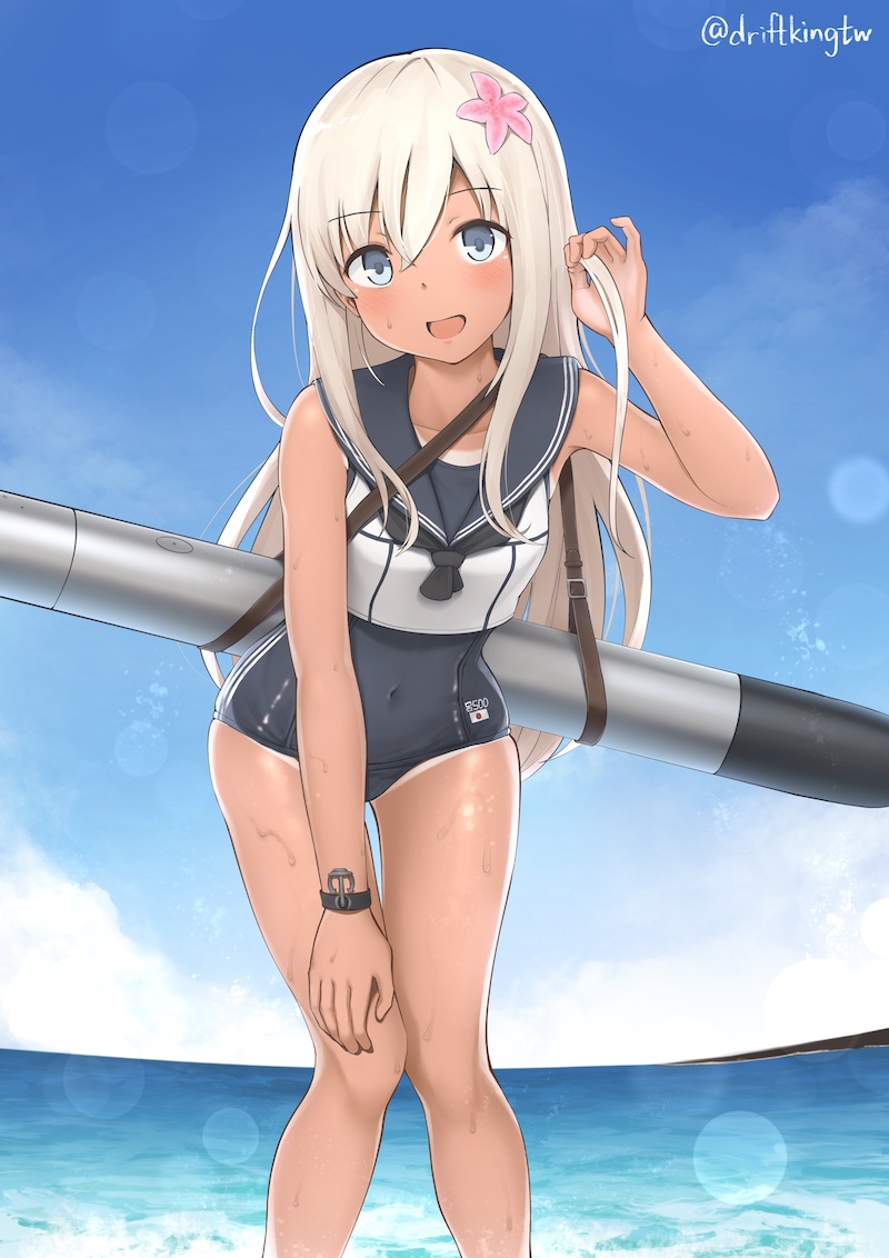 1girl beach blonde_hair blue_eyes blue_sky commentary covered_navel crop_top day driftkingtw eyebrows_visible_through_hair flower hair_flower hair_ornament horizon kantai_collection lens_flare long_hair looking_at_viewer ocean one-piece_swimsuit one-piece_tan open_mouth outdoors ro-500_(kancolle) sailor_collar school_swimsuit sky smile solo standing swimsuit swimsuit_under_clothes tan tanline torpedo twitter_username water wet