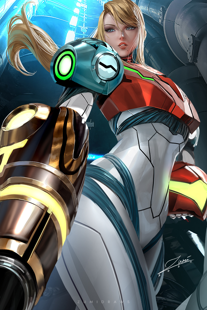 1girl arm_cannon artist_name bangs banned_artist blonde_hair blue_eyes dated glowing headwear_removed helmet helmet_removed lips long_hair metroid metroid_dread mole mole_under_mouth parted_lips ponytail power_armor samus_aran signature solo swept_bangs visor weapon zumi_(zumidraws)