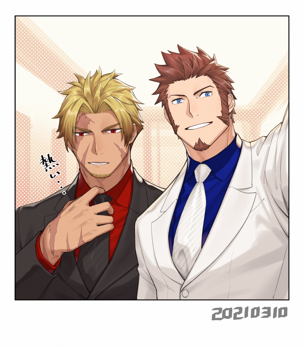 2boys 47 alternate_costume beowulf_(fate) black_suit blue_eyes blue_shirt brown_hair dark-skinned_male dark_skin facial_hair fate/grand_order fate_(series) formal goatee male_focus mature_male multiple_boys napoleon_bonaparte_(fate) red_shirt scar scar_on_cheek scar_on_chest scar_on_face selfie shirt short_hair sideburns smile suit translation_request upper_body white_suit