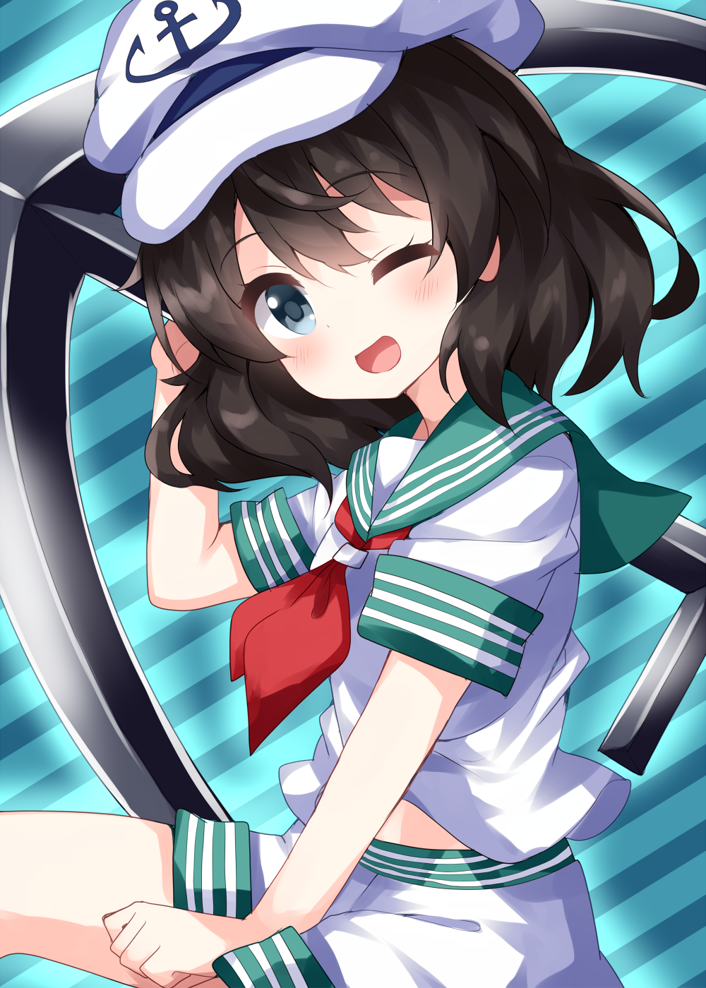 1girl anchor anchor_print bangs black_hair blue_background blue_eyes collar eyebrows_visible_through_hair green_collar green_sleeves hair_between_eyes hat highres looking_at_viewer murasa_minamitsu one_eye_closed open_mouth red_neckwear ruu_(tksymkw) shirt short_hair short_sleeves shorts sitting smile solo striped striped_background t-shirt touhou white_headwear white_shirt white_shorts white_sleeves