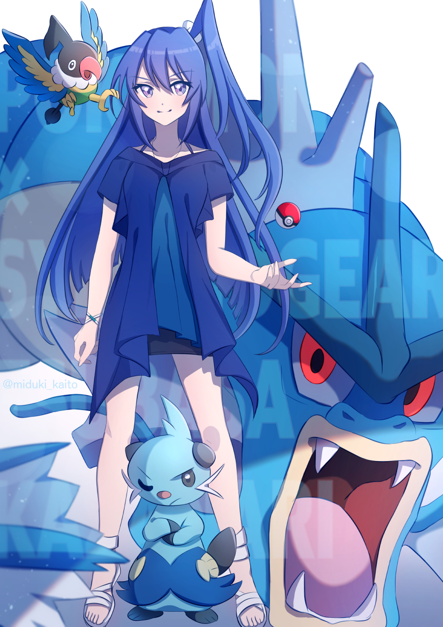 1girl bangs black_skirt blue_hair blue_shirt bracelet character_name chatot closed_mouth copyright_name dewott eyebrows_visible_through_hair floating_hair gen_1_pokemon gen_4_pokemon gen_5_pokemon gogat8 gyarados hair_between_eyes high_ponytail highres jewelry kazanari_tsubasa long_hair looking_at_viewer miniskirt pencil_skirt poke_ball pokemon pokemon_(creature) senki_zesshou_symphogear shiny shiny_hair shirt short_sleeves side_ponytail skirt smile solo very_long_hair violet_eyes