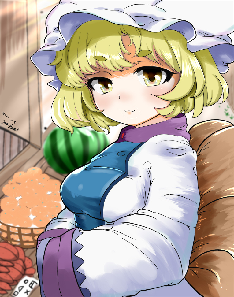 1girl animal_ears basket blonde_hair blush breasts dress eyebrows_visible_through_hair food fox_ears fox_tail fruit hands_in_opposite_sleeves hat light_smile looking_at_viewer makael medium_breasts orange_(food) pillow_hat short_hair solo tabard tail touhou upper_body watermelon white_dress yakumo_ran yellow_eyes