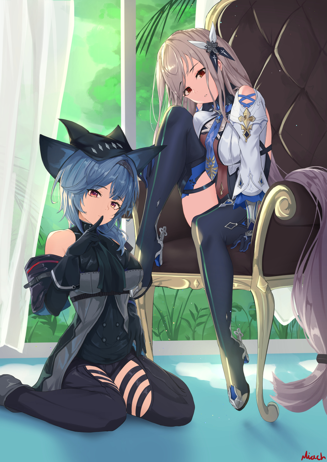 2girls arknights arm_cuffs ascot bangs bare_shoulders black_footwear black_gloves black_hairband black_headwear black_legwear black_neckwear black_pants black_shirt black_sleeves blue_hair blue_neckwear boots breasts closed_mouth clothing_cutout commentary cosplay costume_switch curtains detached_sleeves eula_(genshin_impact) eula_(genshin_impact)_(cosplay) eyebrows_visible_through_hair finger_to_mouth full_body genshin_impact gloves grey_jacket hair_ornament hairband hand_up hat high_heel_boots high_heels highres indoors jacket large_breasts leotard long_hair long_sleeves looking_at_viewer multiple_girls necktie nev_(nevblindarts) on_chair pants parted_lips red_eyes satou_rina seiyuu_connection shirt shoulder_cutout shushing signature silver_hair sitting skadi_(arknights) skadi_(arknights)_(cosplay) thigh-highs thigh_boots thigh_cutout very_long_hair violet_eyes