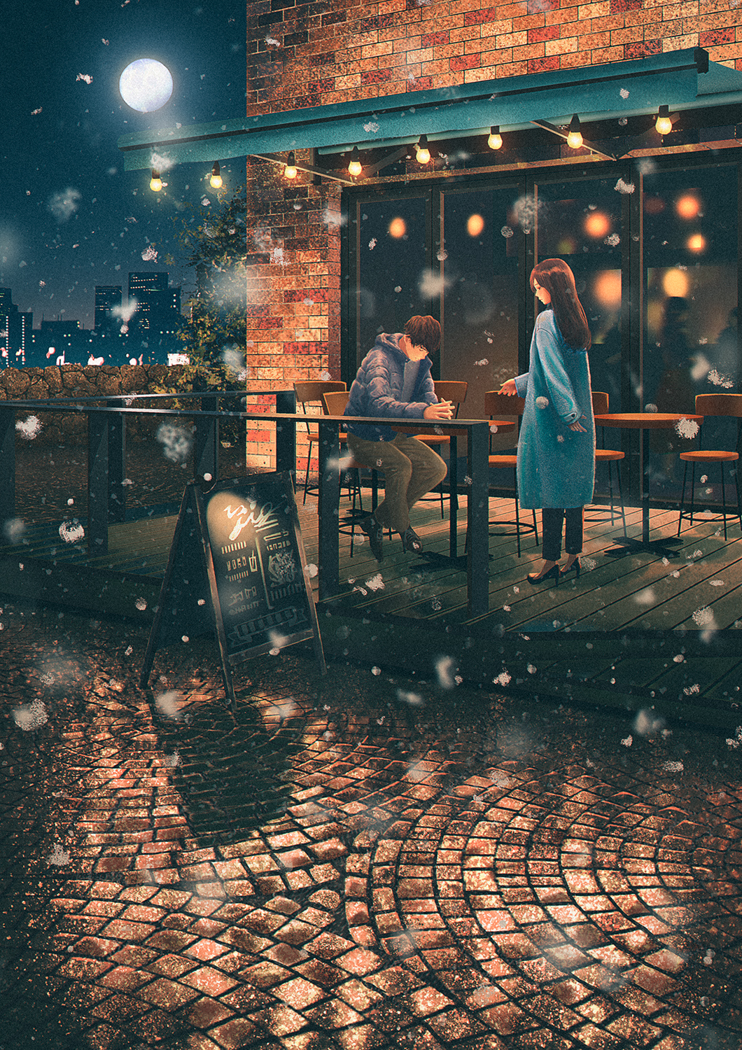 1boy 1girl awning blurry blurry_foreground brick_road brown_hair cafe chair city city_lights coat dark full_moon high_heels highres jacket long_hair looking_down menu_board moon moonlight night original outdoors short_hair snow snowflakes table tamaki_(tamaki_illust) tree