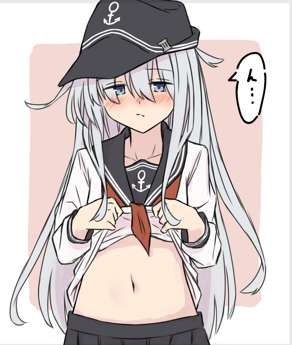 1girl anchor_symbol bangs black_sailor_collar black_skirt blue_eyes blush clothes_lift cowboy_shot eyebrows_visible_through_hair flat_cap hair_between_eyes hat hibiki_(kancolle) highres kantai_collection kuuru_(kuuru-n) long_hair long_sleeves navel neckerchief pink_background pleated_skirt red_neckwear sailor_collar school_uniform serafuku shirt_lift silver_hair simple_background skirt solo stomach translated