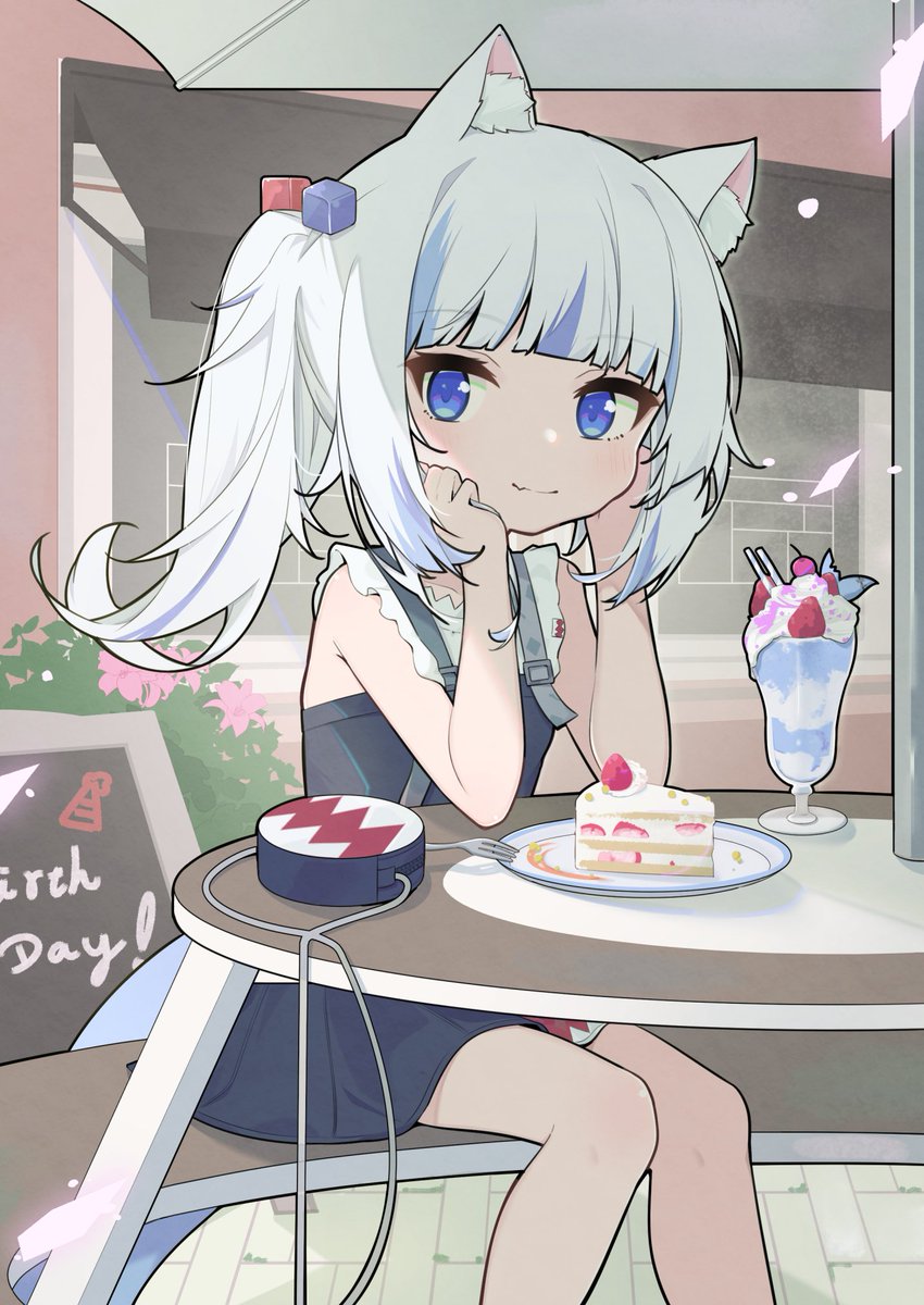 1girl animal_ear_fluff animal_ears bag bag_removed blue_dress blue_eyes blue_hair cat_ears cp2980606 dress fang food fork gawr_gura hair_cubes hair_ornament handbag happy_birthday head_rest highres hololive hololive_english long_hair looking_at_viewer multicolored_hair parfait shoulder_bag side_ponytail sitting skin_fang smile solo strawberry_shortcake streaked_hair virtual_youtuber white_hair