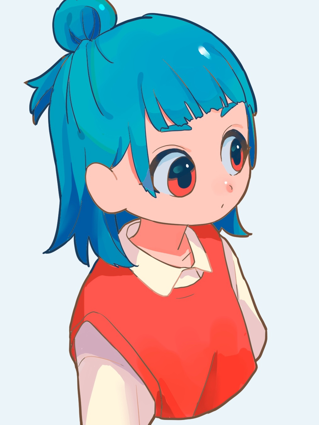 1girl bangs blue_hair blunt_bangs collared_shirt cropped_torso hair_bun highres medium_hair original red_eyes red_sweater ritao_kamo shirt simple_background solo sweater upper_body white_background white_shirt