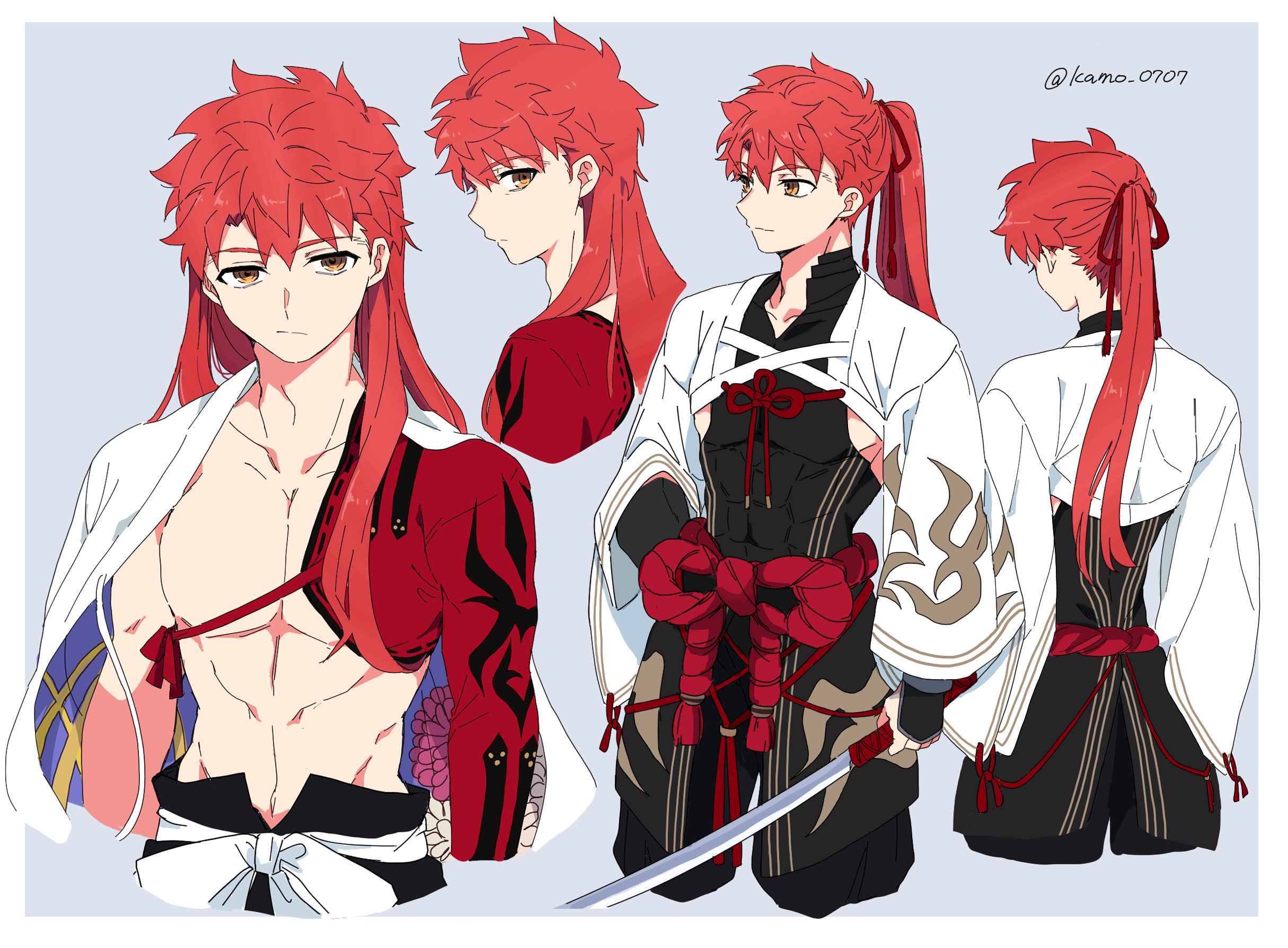 moto (otemoto02), emiya shirou, senji muramasa (fate), fate/grand order,  fate (series), highres, 1boy, bird, cloud, feathers, from side, igote,  light, parted lips, red hair, tassel, toned, toned male, twitter username,  upper body