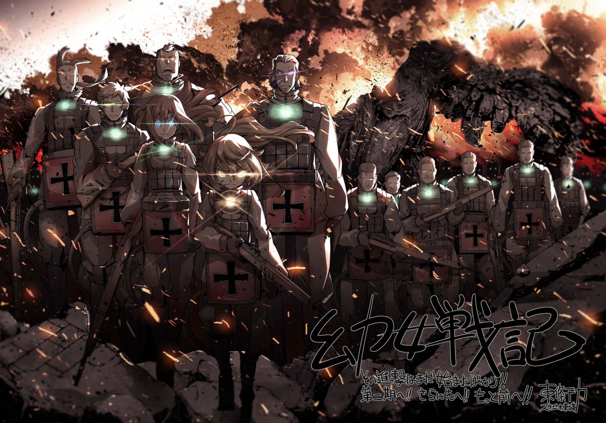 2girls 6+boys blonde_hair broken_statue brown_hair celebration commentary_request gloves glowing glowing_eyes gun hair_flowing_over iron_cross long_hair matheus_johann_weiss military military_uniform multiple_boys multiple_girls official_art rhiner_neumann rifle short_hair tanya_degurechaff toda_youkon translation_request uniform viktoriya_ivanovna_serebryakov war warren_grantz weapon wilibald_koenig youjo_senki