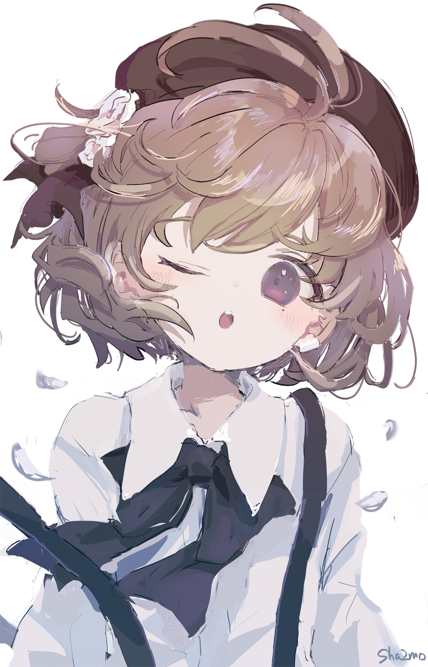 1girl ;o antenna_hair artist_name bangs beret black_bow black_headwear black_ribbon blush bow brown_hair collared_shirt dress_shirt flower hair_flower hair_ornament hair_ribbon hat hatoba_tsugu highres mole mole_under_eye one_eye_closed parted_lips petals ribbon rose sha2mo shirt short_hair signature simple_background solo suspenders suspenders_slip tsugu_(vtuber) upper_body upper_teeth virtual_youtuber white_background white_flower white_rose white_shirt