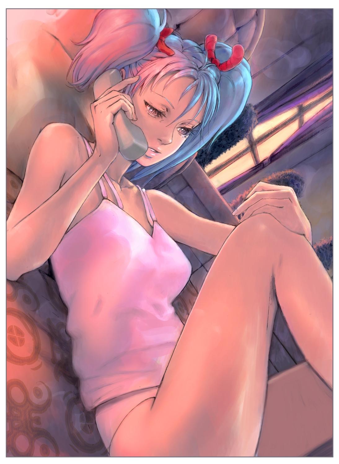 1girl bangs blue_hair breasts char's_counterattack gundam highres holding holding_phone looking_down lying parted_lips phone pink_eyes pink_tank_top quess_paraya small_breasts solo tank_top twintails uneven_twintails window yasuda_akira