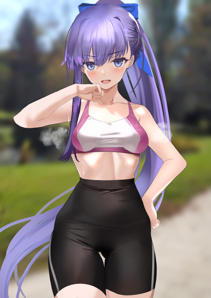 1girl :d alternate_costume arm_up ass_visible_through_thighs bangs bare_shoulders bike_shorts blue_bow blue_eyes blurry blurry_background blush bow breasts collarbone cowboy_shot day depth_of_field eyebrows_visible_through_hair fate/grand_order fate_(series) hair_bow hand_on_hip high_ponytail kesoshirou long_hair looking_at_viewer meltryllis_(fate) open_mouth outdoors ponytail purple_hair small_breasts smile solo sports_bra steaming_body sweat thigh_gap very_long_hair
