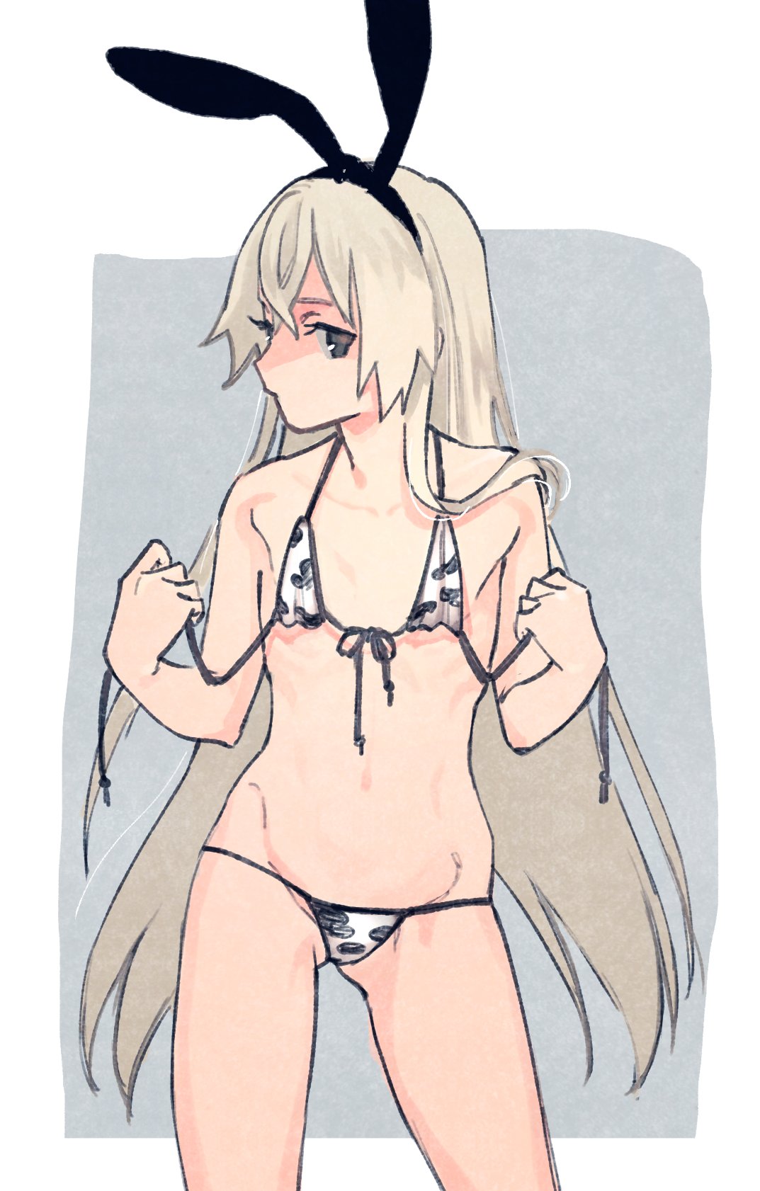 1girl animal_print bikini black_hairband blonde_hair commentary_request cow_print cowboy_shot flat_chest front-tie_top grey_eyes hairband highres kantai_collection long_hair looking_at_viewer profile shimakaze_(kancolle) shishanmo solo standing swimsuit untied untied_bikini white_bikini