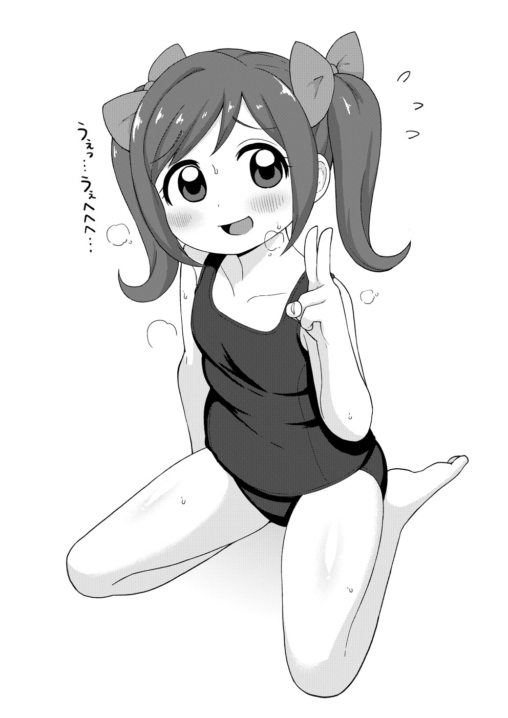 1girl :d bare_arms bare_legs bare_shoulders barefoot blush bow flying_sweatdrops full_body greyscale hair_bow highres kamisama_minarai:_himitsu_no_cocotama leonardo_16sei loli looking_at_viewer monochrome one-piece_swimsuit open_mouth simple_background smile solo swimsuit twintails v white_background yotsuba_kokoro