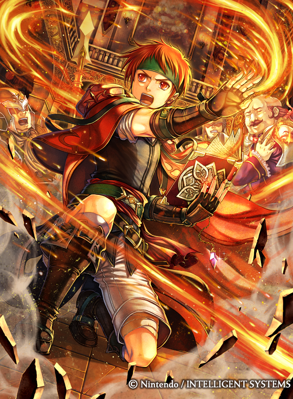 4boys balding boots cape company_name facial_hair fire fire_emblem fire_emblem:_radiant_dawn fire_emblem_cipher holding holding_lance holding_polearm holding_weapon indoors lance magic multiple_boys mustache official_art oliver_(fire_emblem) open_mouth polearm takaya_tomohide tormod_(fire_emblem) weapon