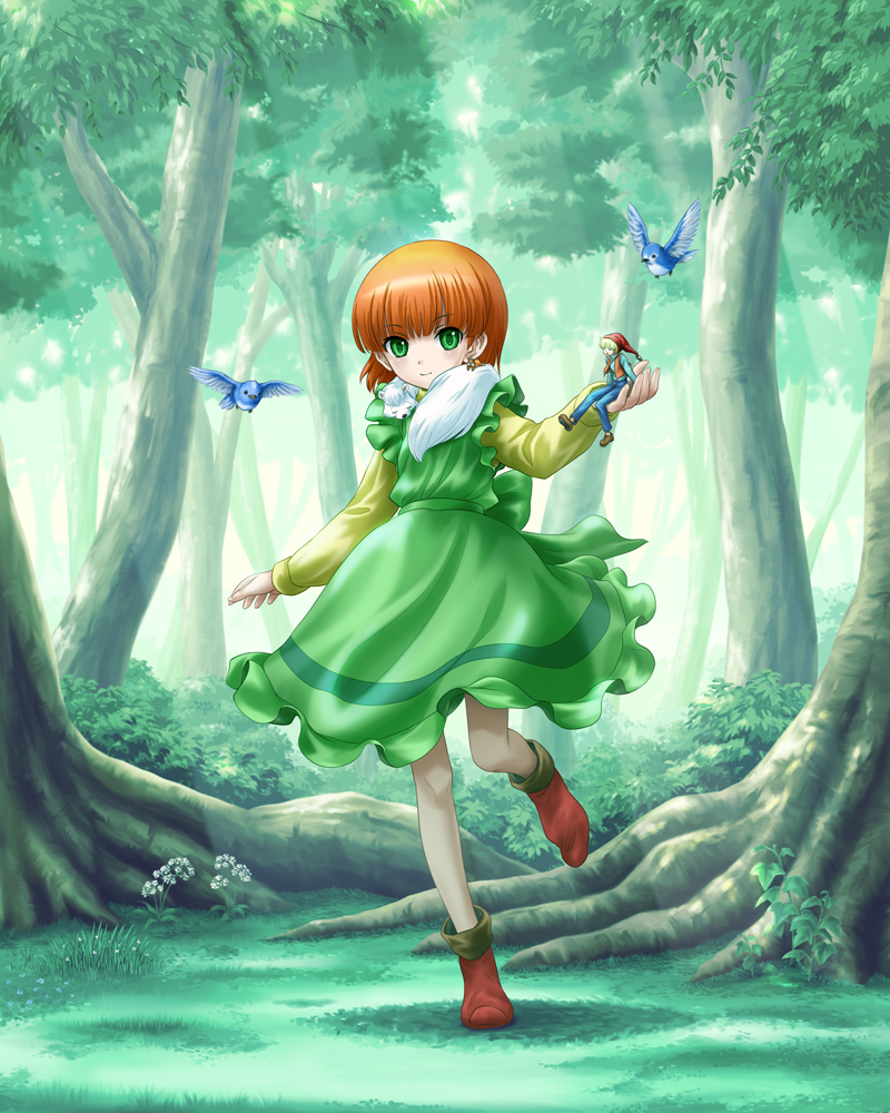 1boy 1girl animal bird bird_request blonde_hair blue_pants blue_shirt bob_cut bush carrot_(nils) closed_mouth commentary_request crossover dappled_sunlight dress eichikei_(hakuto) eyebrows_visible_through_hair flower forest grass green_dress green_eyes hamster holding_person ivy leg_up light_smile lily_(spoon_oba-san) long_sleeves looking_at_viewer miniboy mink_(animal) multicolored_footwear nature nils_holgersson nils_no_fushigi_no_tabi open_clothes open_mouth open_vest orange_hair orange_vest outdoors pants pointy_footwear pointy_hat red_headwear shirt short_hair sitting spoon_oba-san spoon_oba-san_(series) standing sunlight tree vest