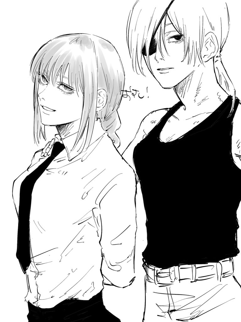 2girls arms_behind_back bangs black_eyepatch black_neckwear black_shirt braid braided_ponytail breasts business_suit chainsaw_man collarbone eyepatch formal hair_between_eyes hand_on_another's_shoulder height_difference light_smile long_hair looking_at_viewer makima_(chainsaw_man) medium_breasts monochrome multiple_girls necktie osushi05177 ponytail quanxi_(chainsaw_man) ringed_eyes shirt shirt_tucked_in sleeveless sleeveless_shirt smile suit tank_top