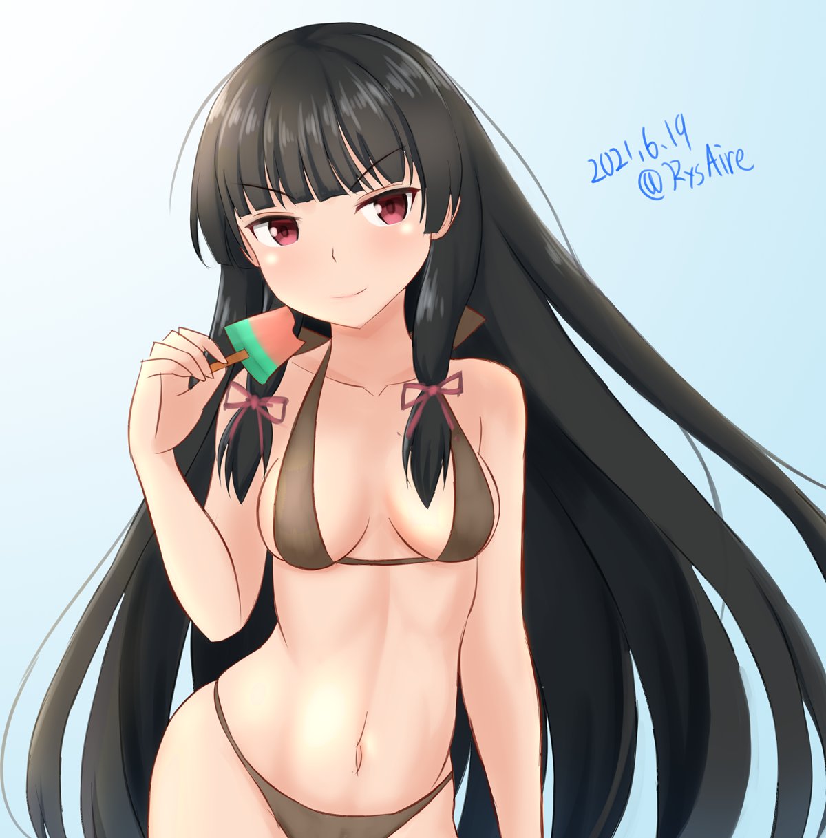1girl ame-san bangs bikini black_hair blue_background blunt_bangs breasts brown_bikini commentary_request cowboy_shot dated food gradient gradient_background hair_ribbon highleg highleg_bikini highleg_swimsuit highres isokaze_(kancolle) kantai_collection long_hair medium_breasts popsicle red_eyes ribbon solo swimsuit tress_ribbon twitter_username watermelon_bar