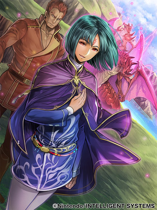 2boys bangs belt black_hair cape collared_shirt colored_skin company_name dragon fire_emblem fire_emblem:_radiant_dawn fire_emblem_cipher gareth_(fire_emblem) hand_on_own_chest kurthnaga_(fire_emblem) multiple_boys official_art open_mouth outdoors red_eyes red_skin redhead shirt toyota_saori turtleneck