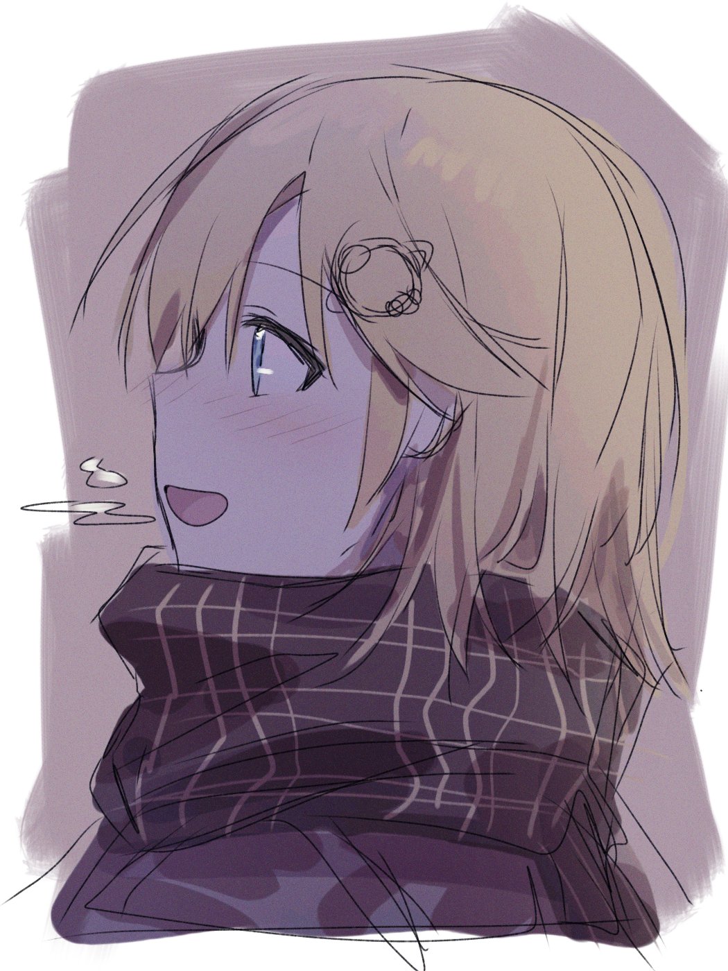 1girl blonde_hair blue_eyes blush desutruction eyebrows_visible_through_hair from_side hair_ornament highres hololive hololive_english monocle_hair_ornament noise open_mouth plaid plaid_scarf scarf short_hair solo virtual_youtuber watson_amelia