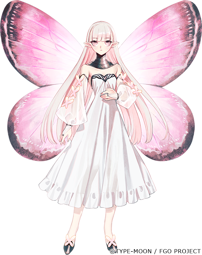 1girl bangs bare_shoulders blonde_hair breasts butterfly_wings coral_(fate) detached_sleeves dress fairy fairy_wings fate/grand_order fate_(series) full_body jewelry long_hair looking_at_viewer medium_breasts neck_ring official_art pink_eyes pointy_ears puffy_sleeves solo taa_(acid) white_dress wings
