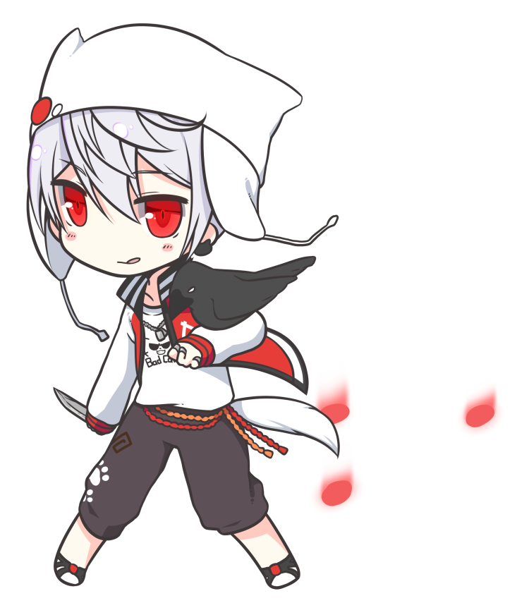 1boy :q animal animal_on_arm bangs beanie bird black_pants blush_stickers character_request chibi closed_mouth dagger eyebrows_visible_through_hair full_body hair_between_eyes hat holding holding_dagger holding_weapon indie_virtual_youtuber jacket jewelry knife long_sleeves male_focus open_clothes open_jacket pants red_eyes red_jacket ring shirasu_youichi shirt shoes silver_hair simple_background solo standing tongue tongue_out virtual_youtuber weapon white_background white_footwear white_headwear white_shirt