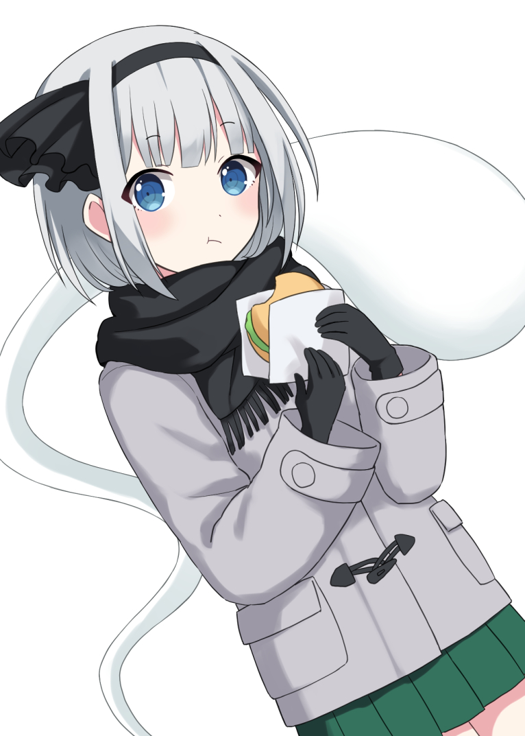 1girl :t bangs black_gloves black_hairband black_scarf blue_eyes burger coat cowboy_shot dutch_angle eyebrows_visible_through_hair food gloves green_skirt grey_coat hairband holding holding_food konpaku_youmu konpaku_youmu_(ghost) looking_at_viewer miniskirt pleated_skirt scarf short_hair silver_hair simple_background skirt solo suzuno_naru touhou white_background winter_clothes winter_coat