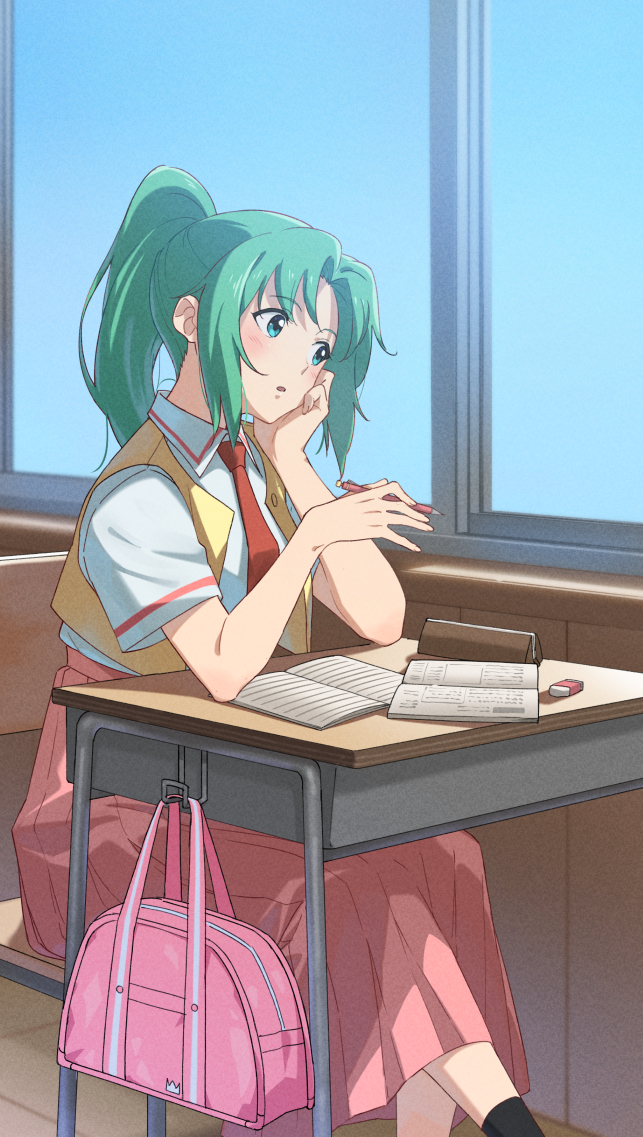 1girl bag bluesy blush book bookbag collared_shirt commentary desk eraser eyebrows_visible_through_hair green_eyes green_hair gulim head_rest high_ponytail higurashi_no_naku_koro_ni long_hair mechanical_pencil necktie open_book pencil ponytail red_neckwear red_skirt school_desk school_uniform shirt sitting skirt solo sonozaki_mion vest white_shirt window yellow_vest