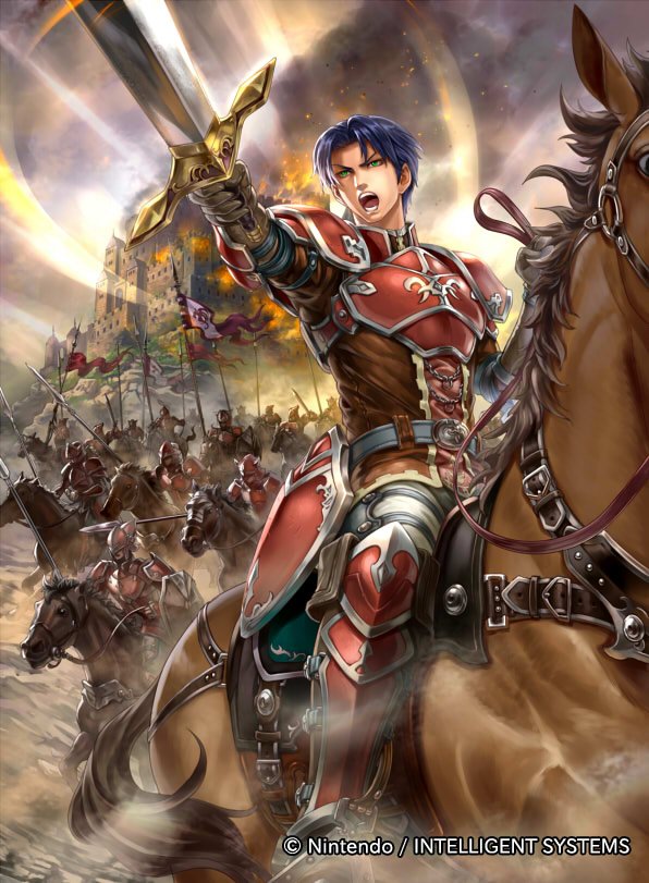 armor bangs blue_eyes blue_hair boots burning castle company_name fire_emblem fire_emblem:_radiant_dawn fire_emblem_cipher holding holding_sword holding_weapon horseback_riding official_art open_mouth riding sword taneda_kazuhiro weapon